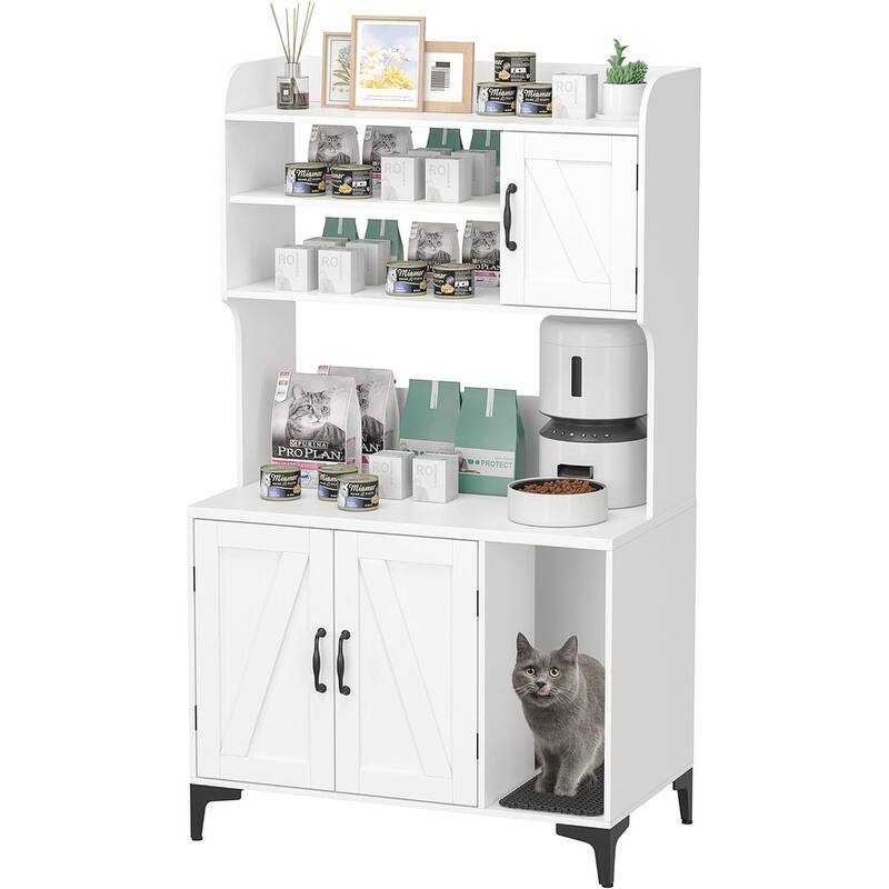 Cat Litter Box Furniture - Enclosed Litter Box with Ample Storage - White