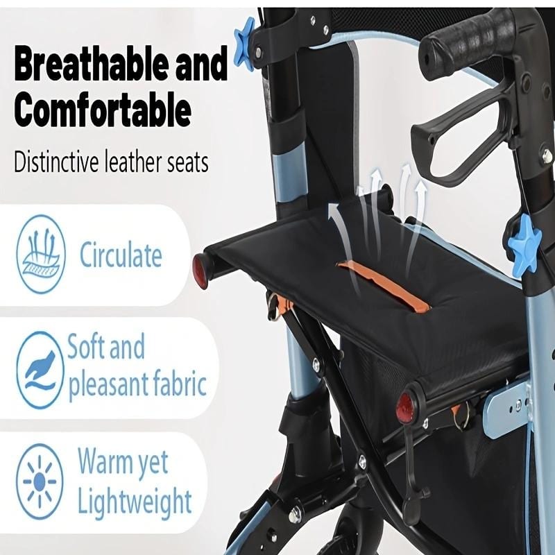 Lightweight Foldable All Terrain Rolling Walker with seat, Aluminum Walkers with 8 inch Rubber Wheels - Blue