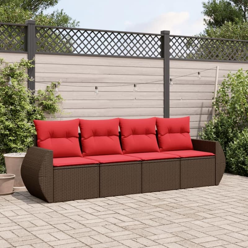 vidaXL Patio Sofa Set with Cushions Outdoor Conversation Furniture Poly Rattan - 21.7 x 24.4 x 27.2 - Brown and Red-Without table