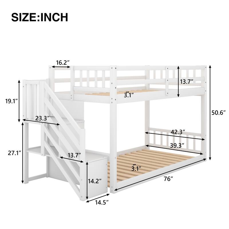 Twin Pine Bunk Bed with Storage Staircase and Guardrail