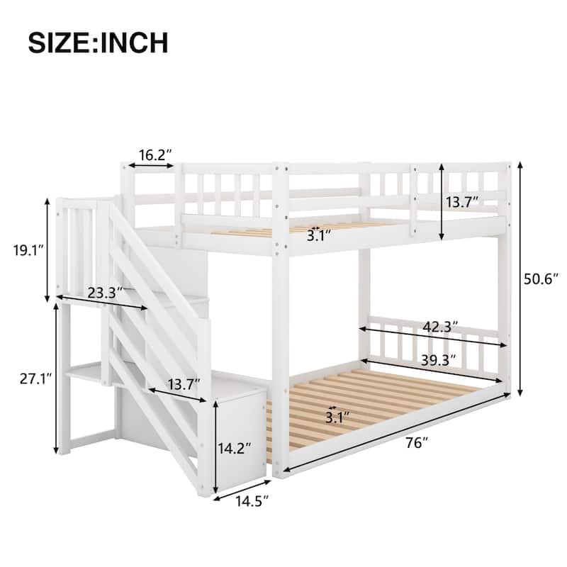 Twin over Twin Floor Bunk Bed, Ladder with Storage, White