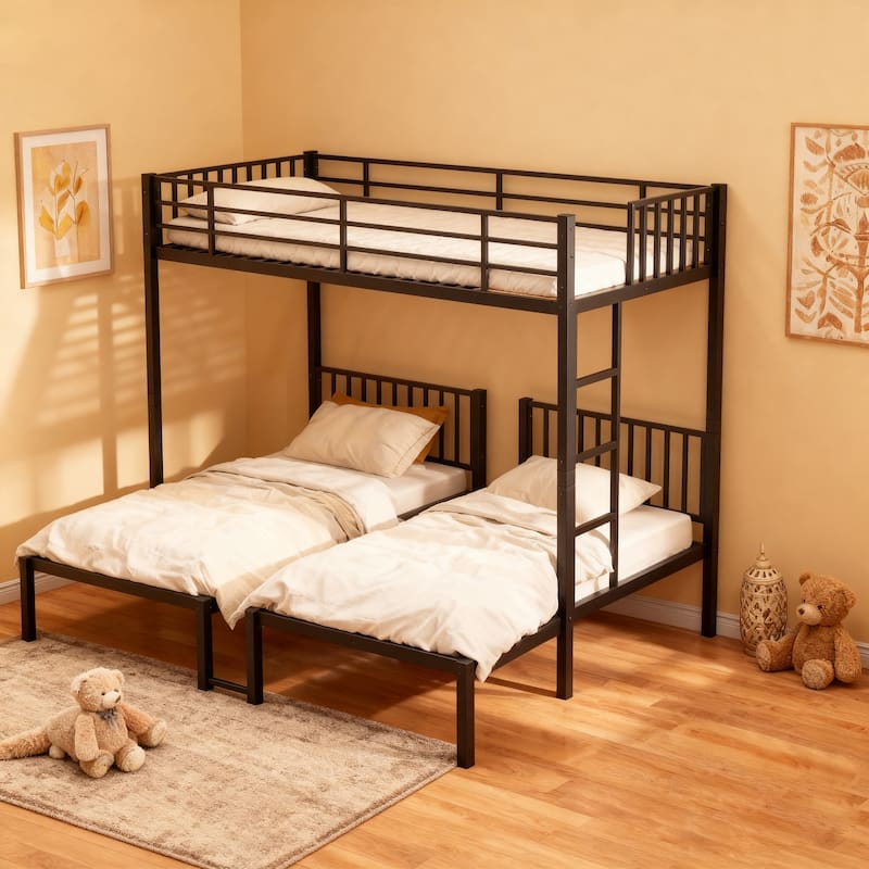 Detachable Metal Triple Bunk Bed for Kids, Converts to 3 Twin Beds, Noise Reduced, Black - Black