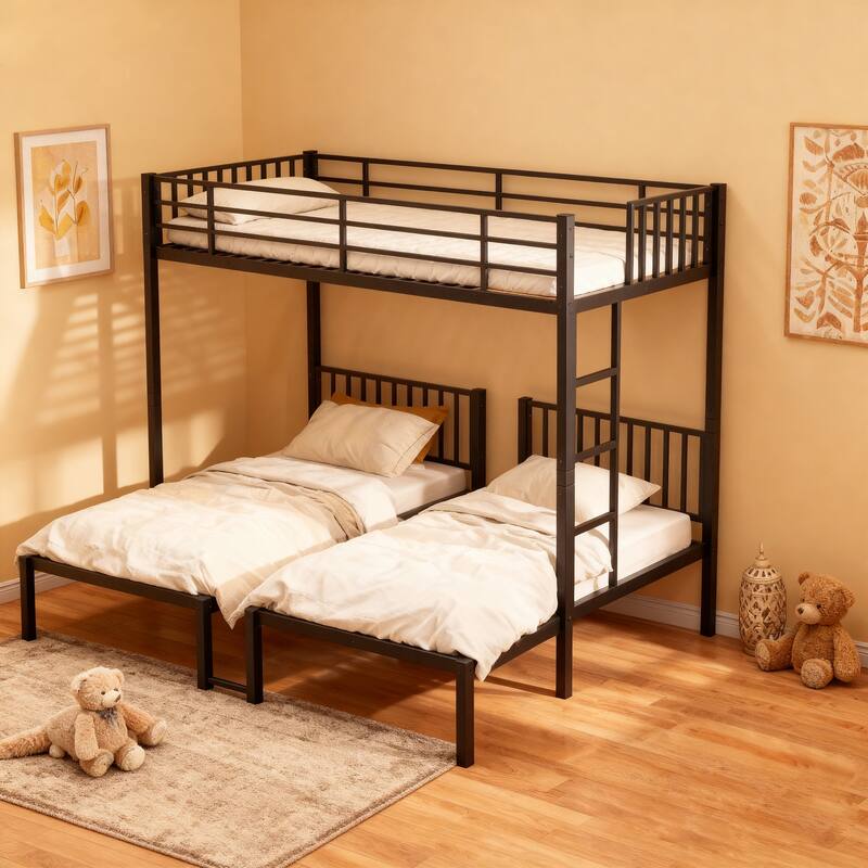 GDFStudio - 3-Bed Twin Size Metal Triple Bunk Bed with Noise Reduced Structure for Kids - Black