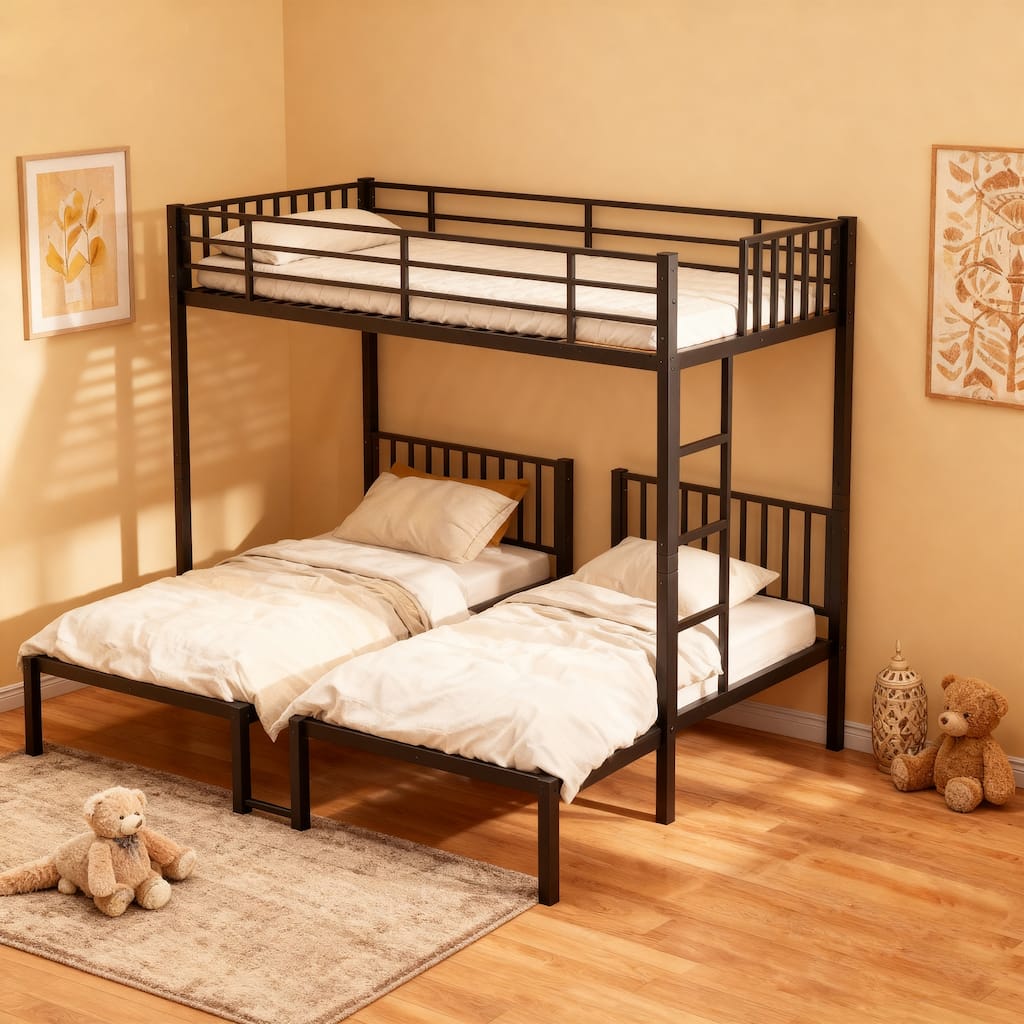 GDFStudio - 3-Bed Twin Size Metal Triple Bunk Bed with Noise Reduced Structure for Kids
