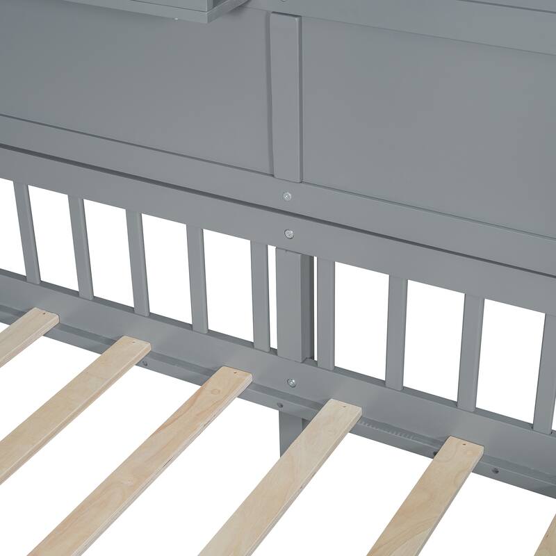 Twin Size House Bed with Shelves, Gray Wood Platform Bed with Window & Sparkling Light Strip on The Roof, No Box Spring Needed