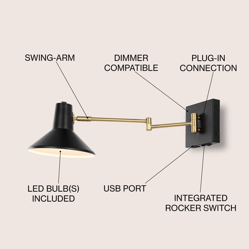 Max Swing Arm 1-Light Modern Midcentury Iron USB Charging Port LED Sconce, by JONATHAN Y