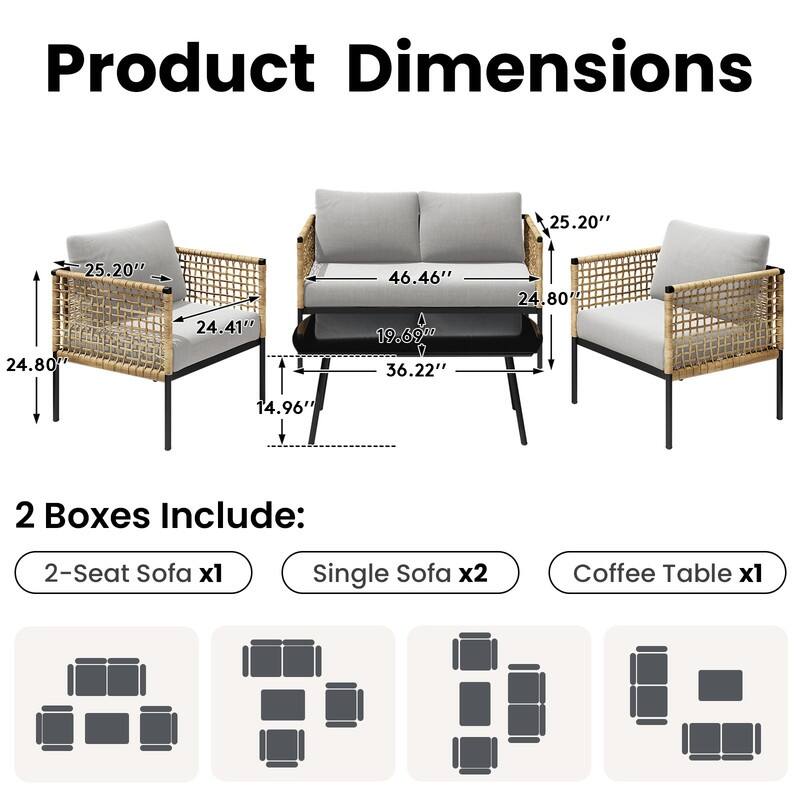 4-piece Waterproof Fabric Sofa Set (2+1+1) with PE Woven & Marble Table