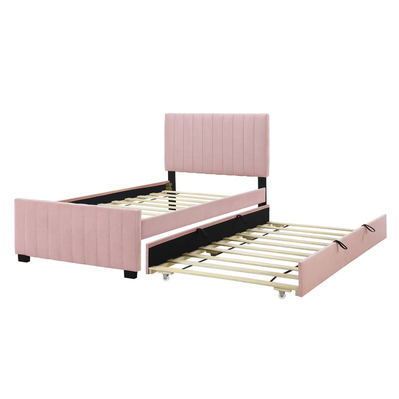 Twin Size Velvet Upholstered Platform Bed with Twin Size Trundle