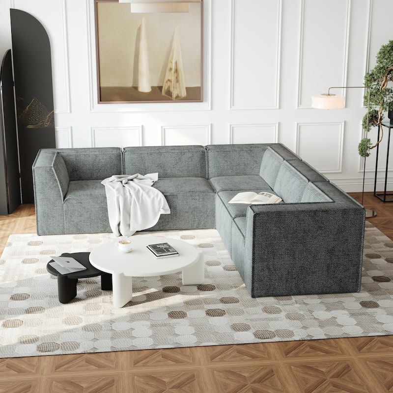 L Shape Sectional Sofa 5pc Loveseat Sofa Chenille Modular Sleep Couch Bed for Livingroom Recliner Sofa Floor Upholstered Daybed