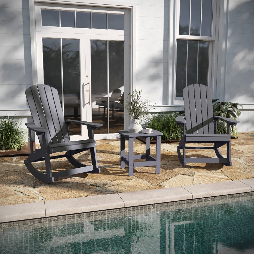 Set of 2 Poly Resin Adirondack Rocking Chairs with 1 Side Table