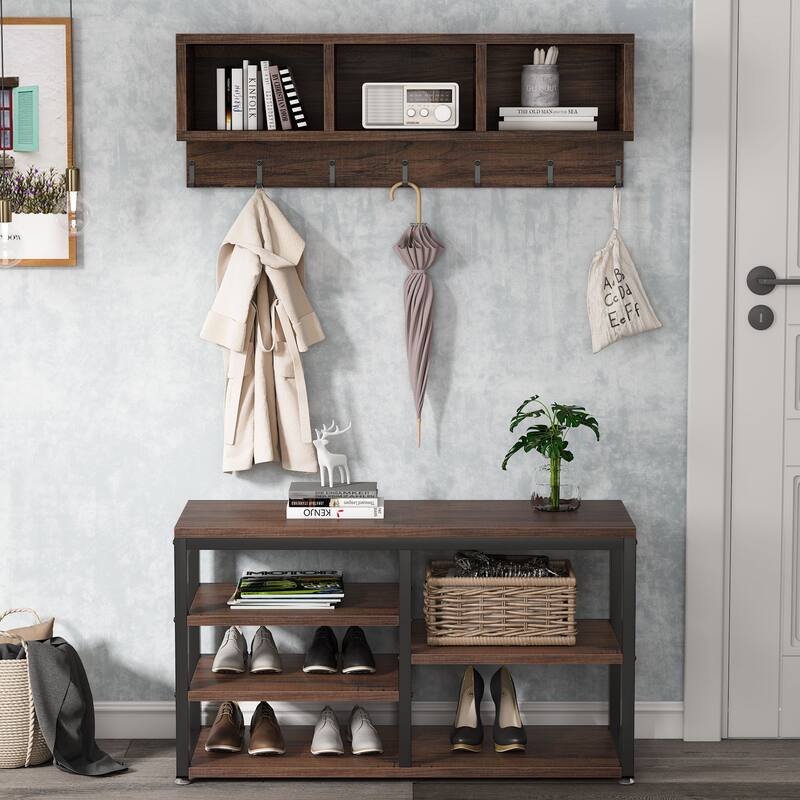 Hall Tree with 7 Hooks, Entryway bench with coat rack - Rustic Brown