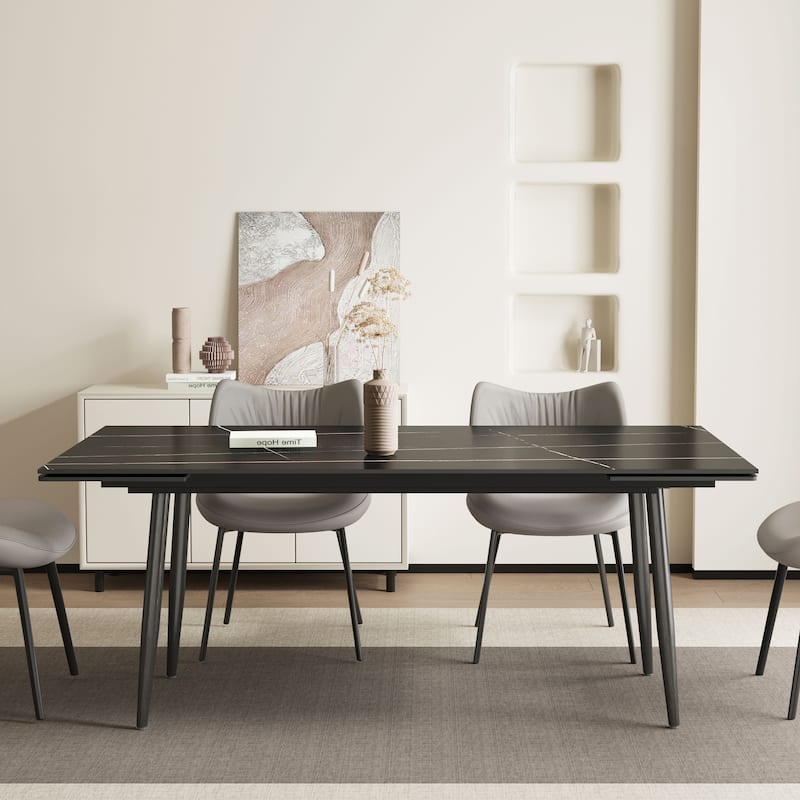 62.9'' to 94.4'' expandable Slate rectangular Glossy White kitchen Stone Top dining table stainless steel legs.