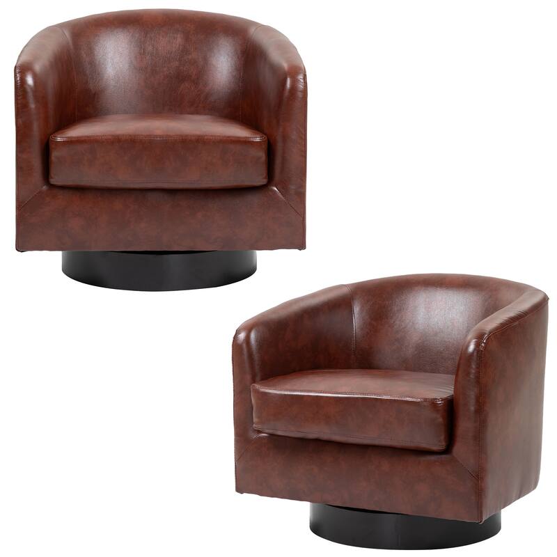 Modern 360° Swivel Barrel Accent Chairs by DREAMSIDEA - 2 SET - RED BROWN LEATHER
