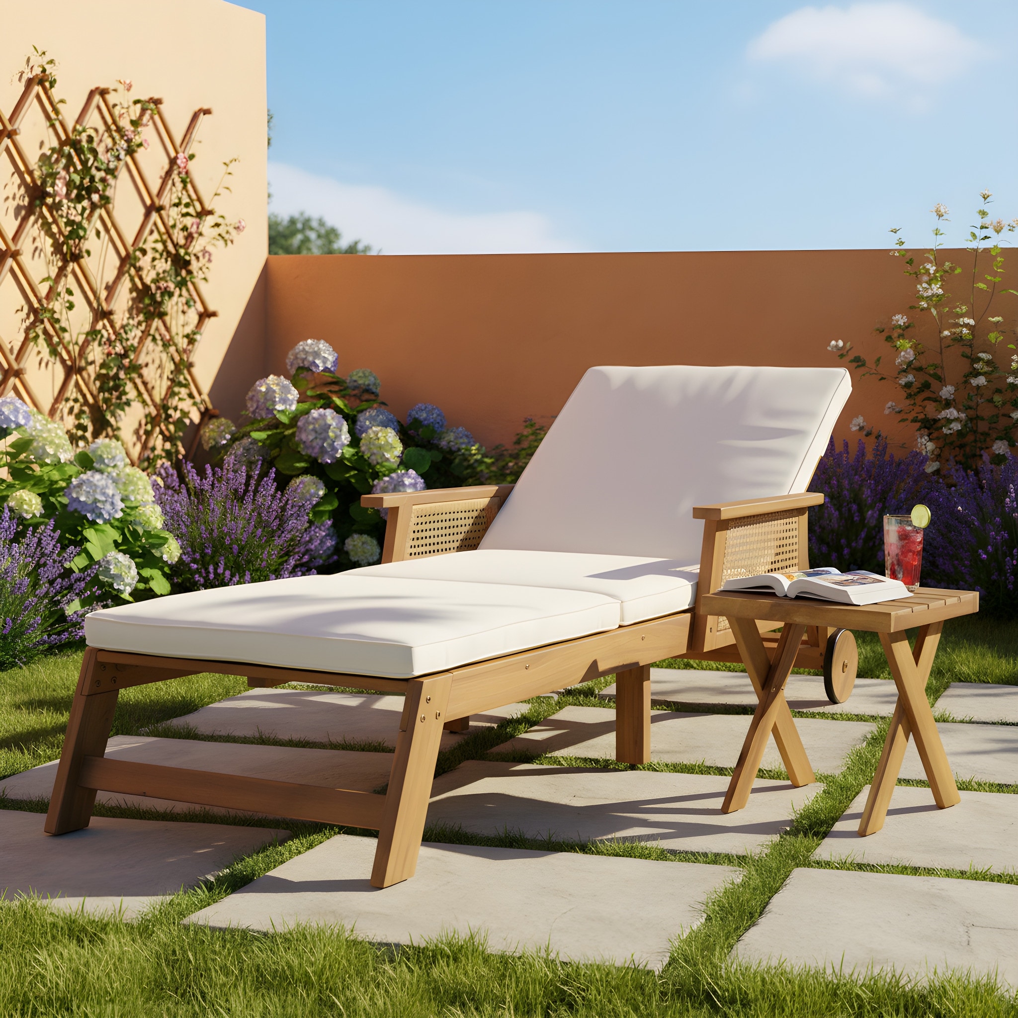 Christopher Knight Home - Nexo Outdoor Acacia Wood Adjustable Chaise Lounge Set with 18.00'' Square Cross Base Side Table