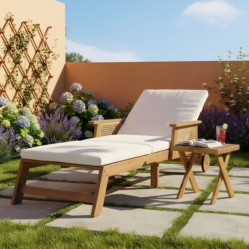 Christopher Knight Home - Nexo Outdoor Acacia Wood Adjustable Chaise Lounge Set with 18.00'' Square Cross Base Side Table - 2-Piece Set-Brown+Beige