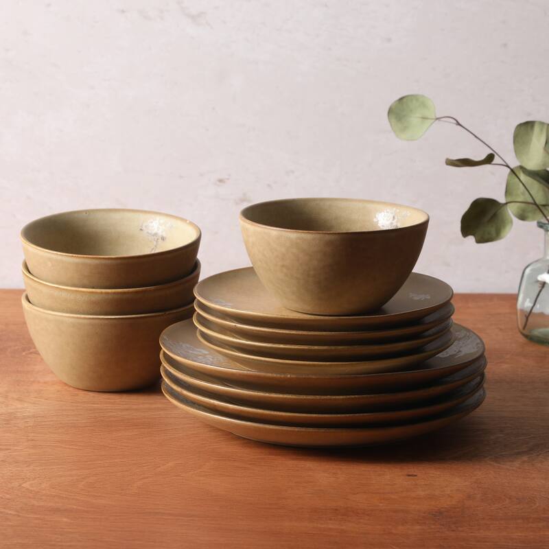 Gibson Elite Valencia Bloom 12 Piece Plates and Bowls Dinnerware Set - Taupe with Floral Decal - Microwave and Dishwasher Safe