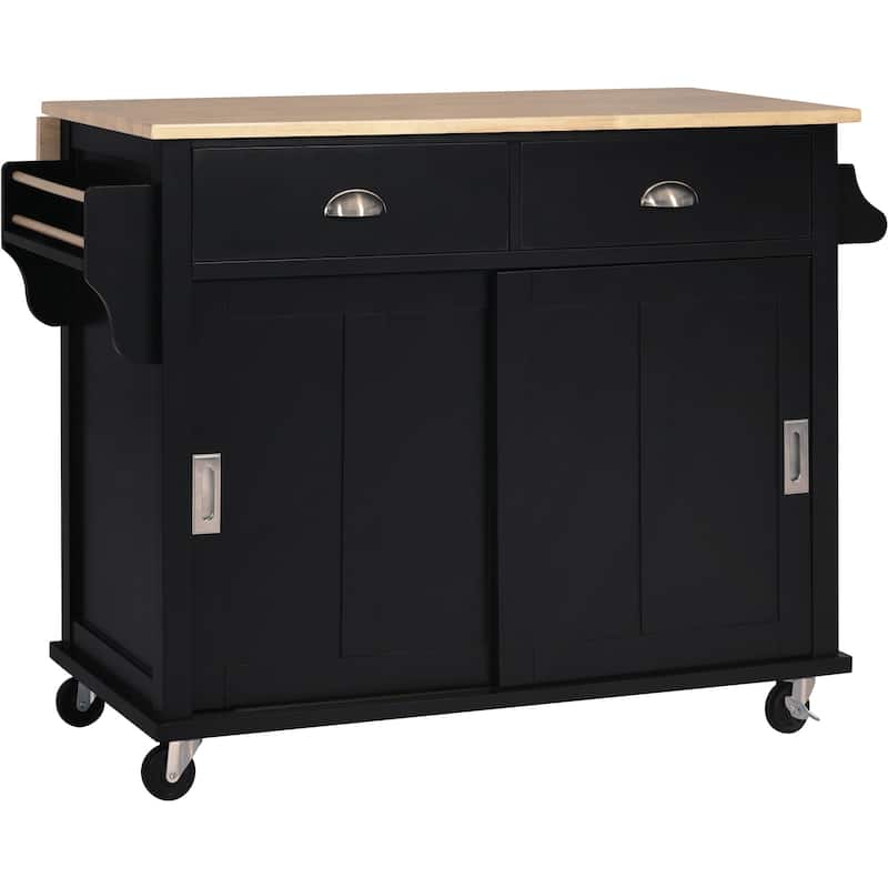 Kitchen Cart with Rubber wood Drop-Leaf Countertop - Black