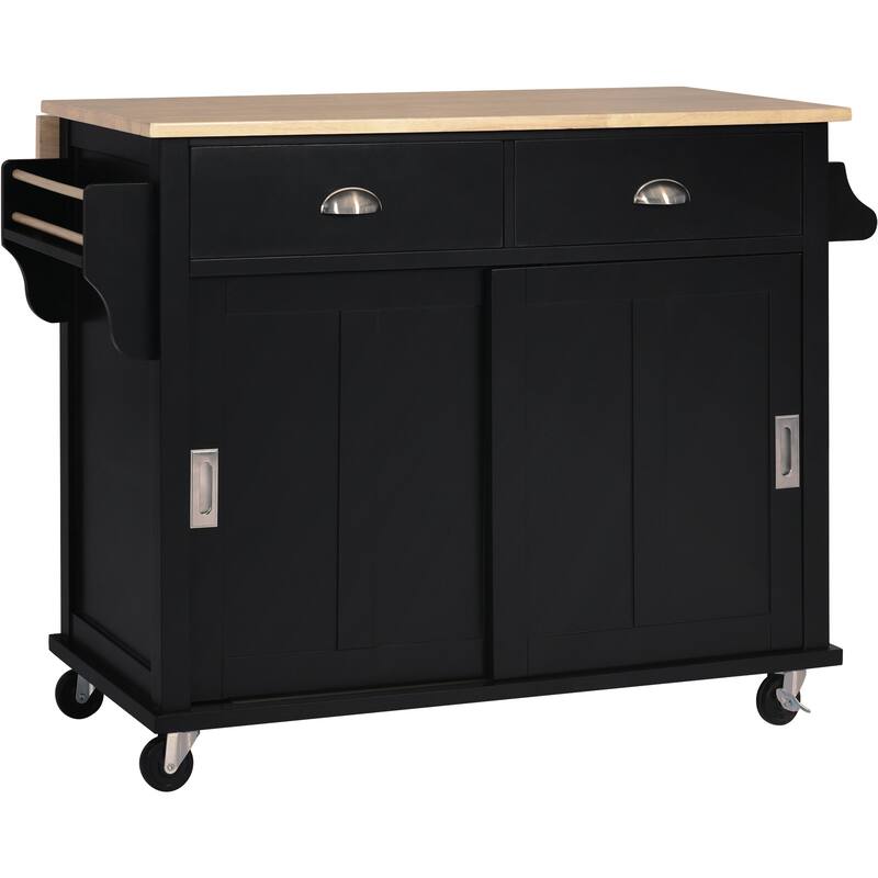 Kitchen Island Cart w/ Folding DropLeaf Countertop, Sliding Barn Door