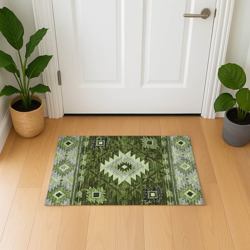 Premium Washable Super Soft Global Inspirations Mayfield Rug - Olive - 1'8" x 2'6"