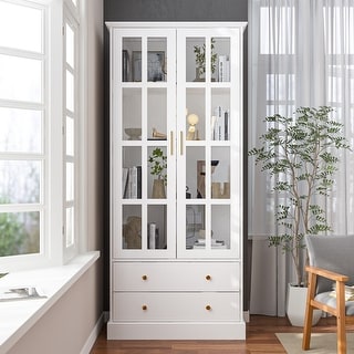Glass Cabinet 70.1"White Display Curio Storage Cabinet with Glass Door