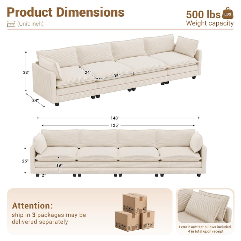 148" Overised 4 Seater Corduroy Clud Couch Modular Sectional Sofa for Living Room