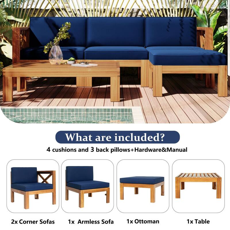 Wooden 5-Piece Sectional Patio Seating Set with Cushions & Tea Table, UV & Water Resistant