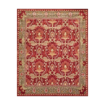 William Morris Arts & Crafts Handmade Red/ Sage Oriental Wool Area Rug
