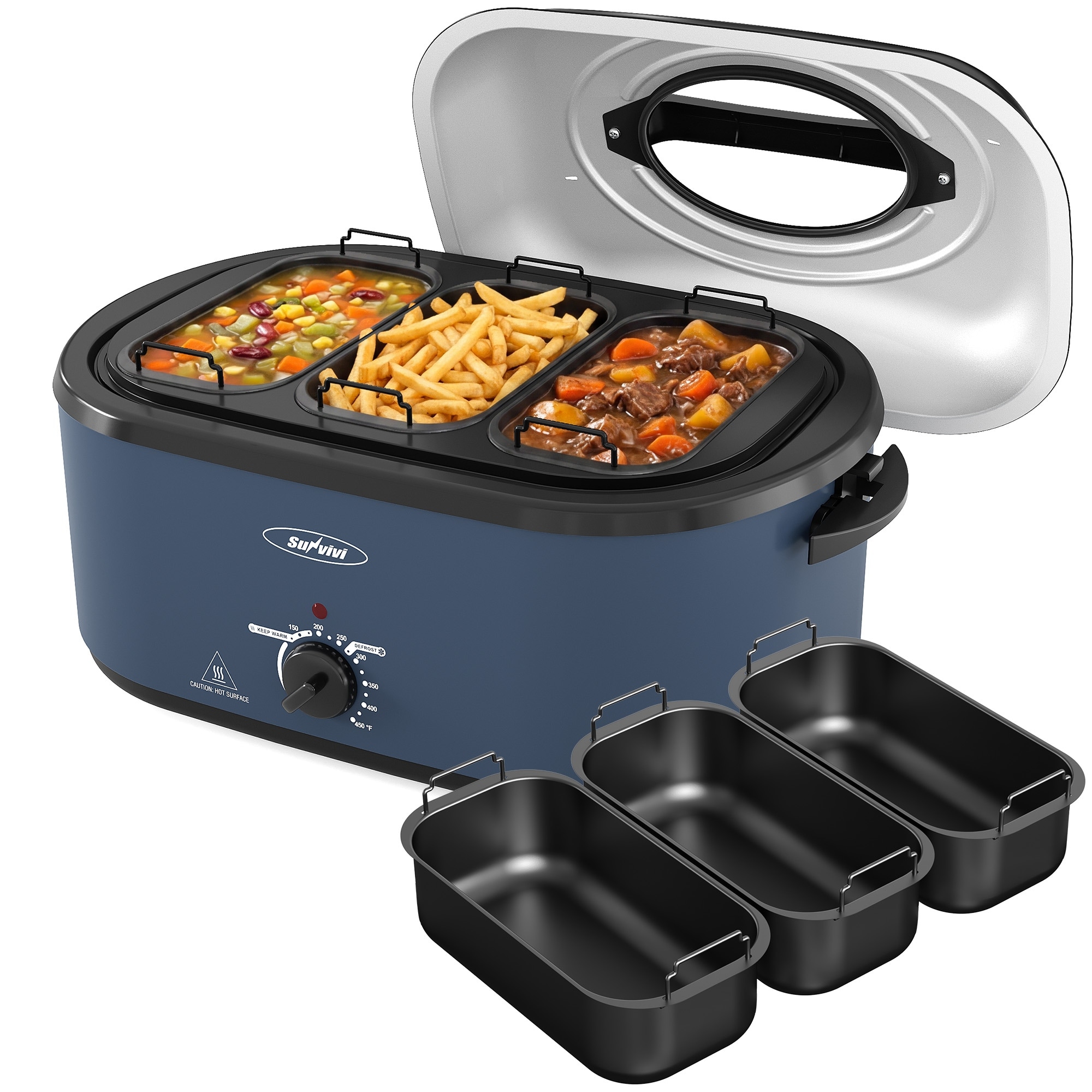 Stainless Steel Electric Roaster Oven with 3-Bin Buffet Server, 26QT/28QT Turkey Roaster with 150-450°F Temp Control