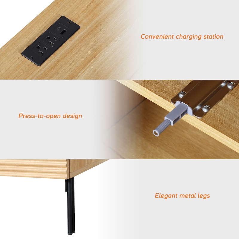 Modern Minimalist Nightstand Set Of 2 With Built-In Outlets, Reed Pattern Design