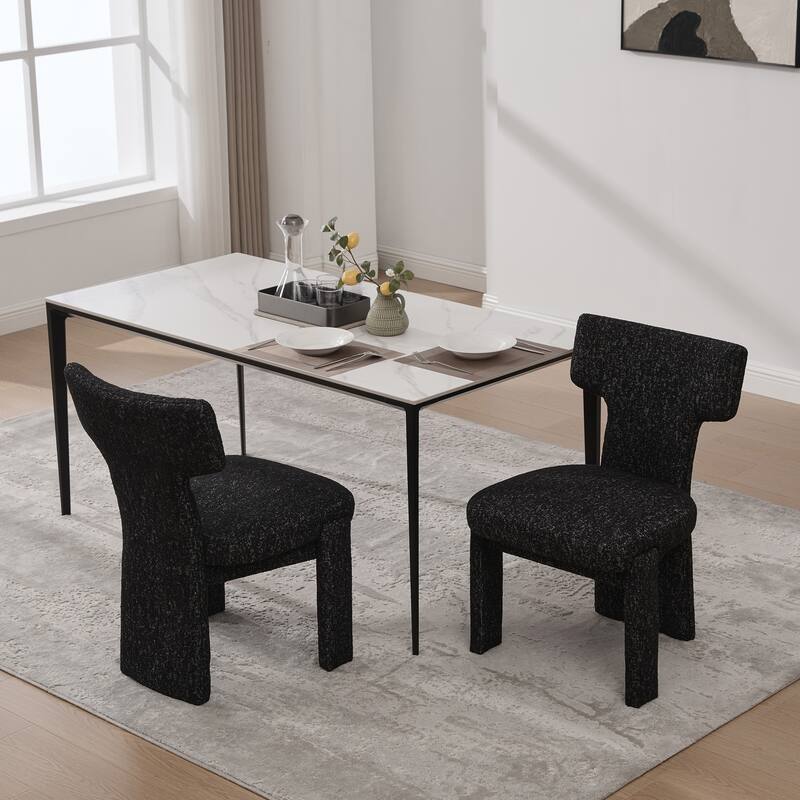 Chenille Upholstered Dining Chair Set of 2, Armless Side Chair with Curved Back, Accent Chairs with Rubberwood Legs - Black+Grey