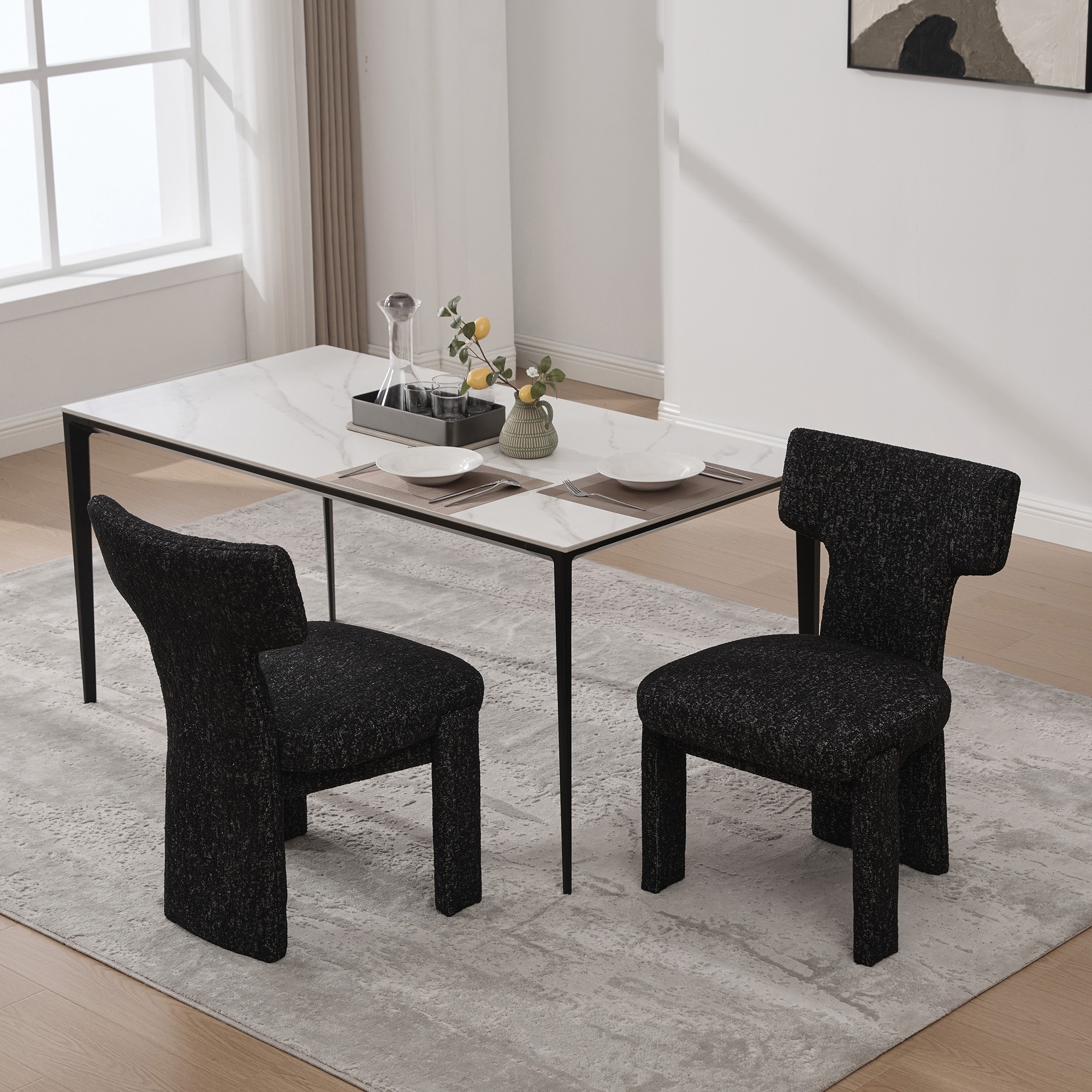 Chenille Upholstered Dining Chair Set of 2, Armless Side Chair with Curved Back, Accent Chairs with Rubberwood Legs