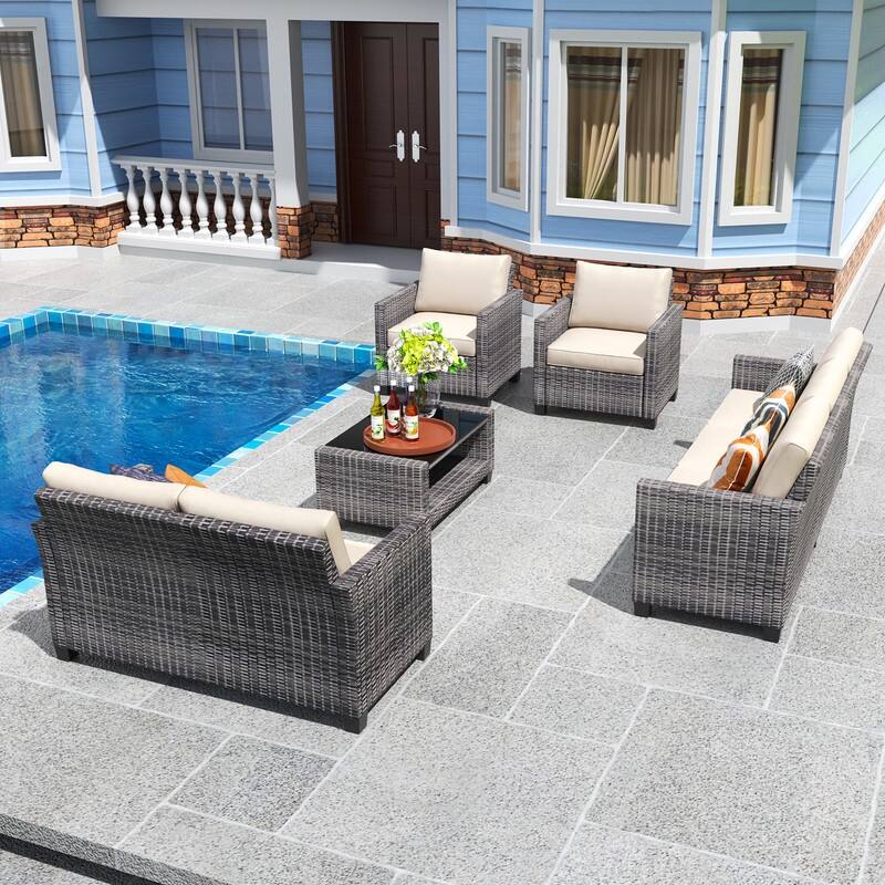 5-Piece Patio Wicker Conversation Sofa Set with Coffee Table,Rattan Sofa Chair with Cushion