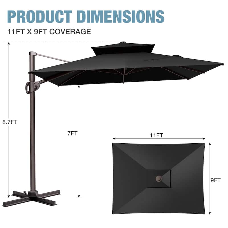 VredHom 9X11FT Outdoor Dual Wind Vent Offset Cantilever Patio Umbrella