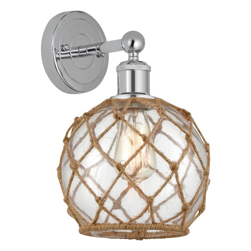 Innovations Lighting 616-1W-13-8 Farmhouse Rope Sconce Farmhouse Rope - Polished Chrome / Clear Glass with Brown Rope