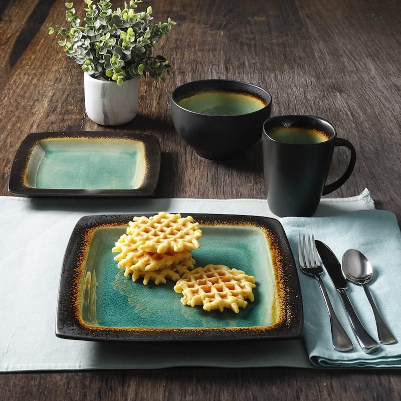 Gibson Elite Ocean Paradise 16 Pc Square Stoneware Dinnerware Set Jade - 8' x 10'