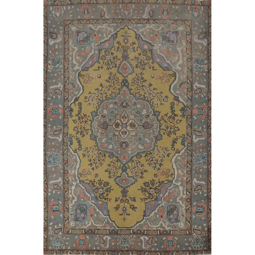 Tabriz Persian Vintage Rug Traditional Yellow Handmade Wool Carpet - 6'3" x 9'4"