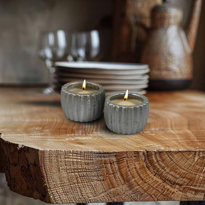 Silver Set of Two Grooved Metallic Candle Bowls Six Ounce Decor