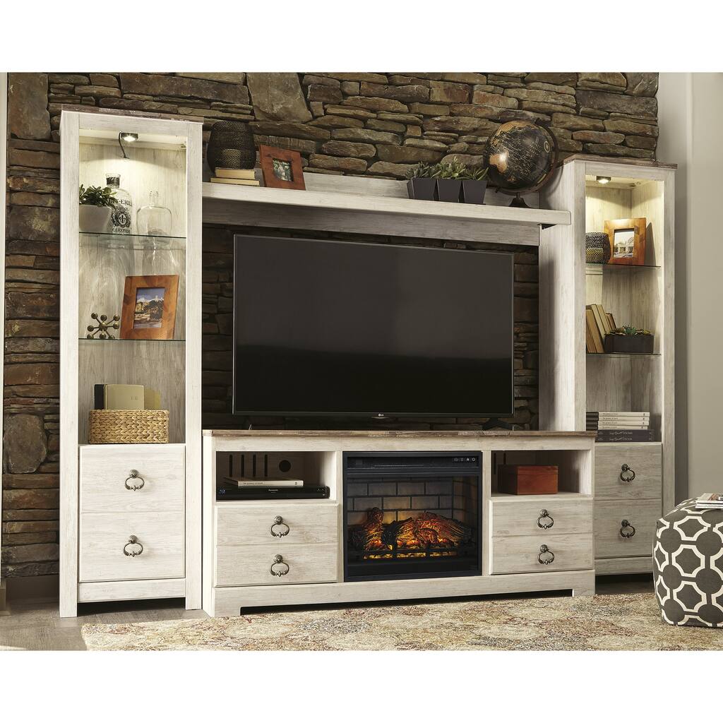 Signature Design by Ashley Willowton Whitewash 4-Piece Entertainment Center with Electric Fireplace