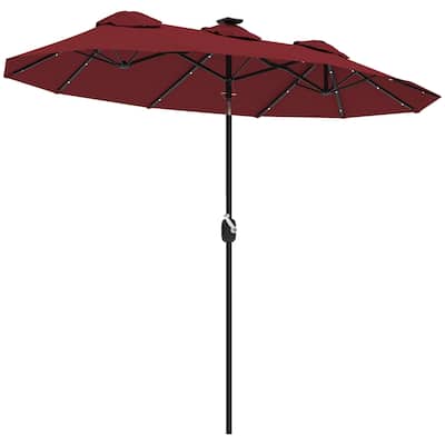 Double Sided Solar LED Patio Umbrella with 36 Lights Wine Red Outdoor Garden Poolside Shade Tilt Crank