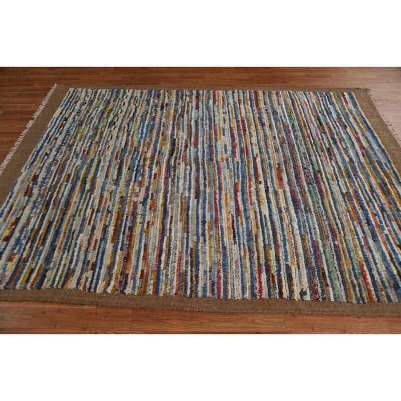 Hand Knotted Oriental 100% Wool Carpet Modern Stripe Multi-Colored Moroccan Area Rug - 7' 8'' X 5' 5''