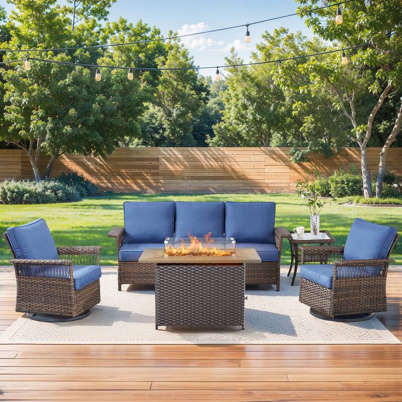 Pocassy 41 in Fire Pit Table with Patio Sofa Chair Funiture - Brown Wicker Blue Cushion - 5-Piece Sofa Swivel Chair Table with Fire Table