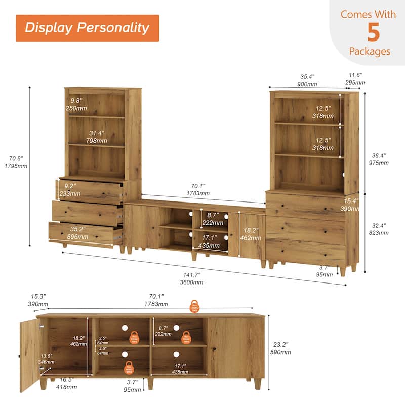 WAMPAT Modern TV Stand and Bookcase Set for 75" TVs