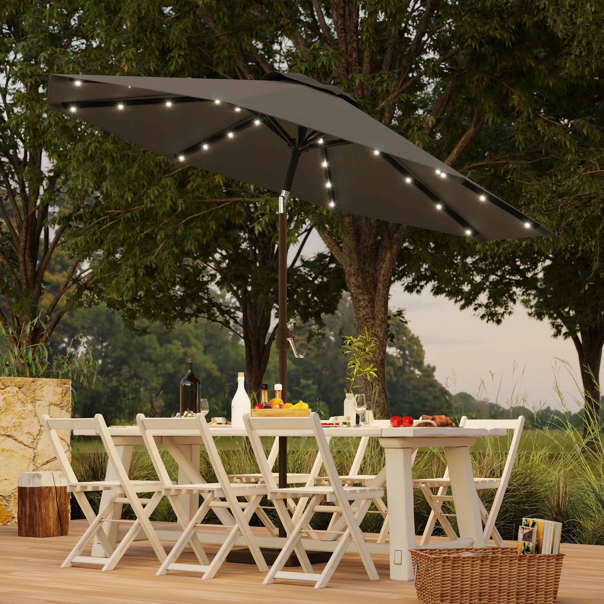 9ft led patio umbrella Solar w/ Light Bulbs Tilt 3-Tiered 8-Rib while a smooth crank handle ensures effortless opening and closing 9ft Solar Patio Umbrella With
