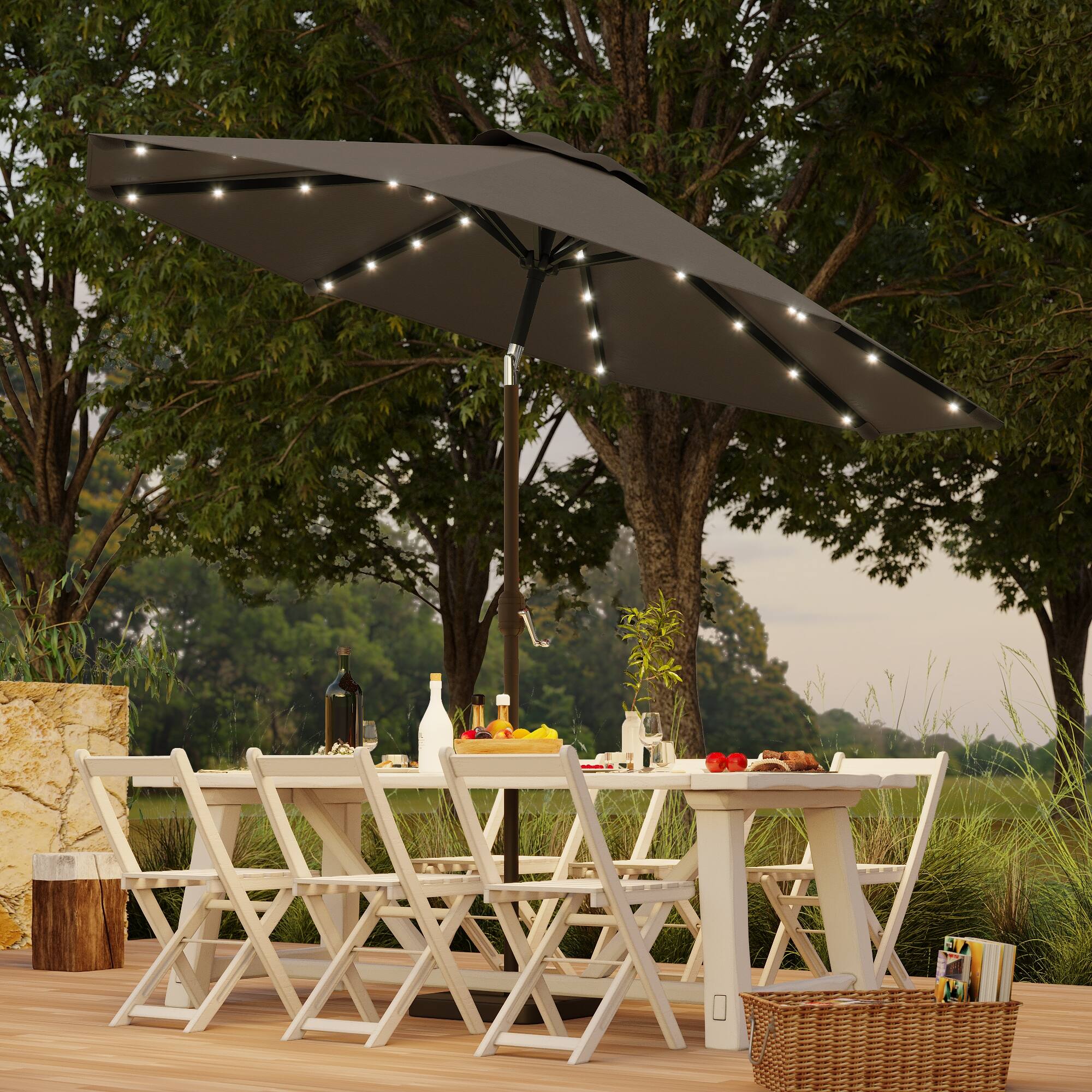 9 ft rectangular solar-powered patio umbrella in taupe PURPLE LEAF Solar Powered LED Umbrella with Lights Get ready to entertain from dusk until dawn with the 9 ft Large Double-Sided Rectangular Outdoor Twin