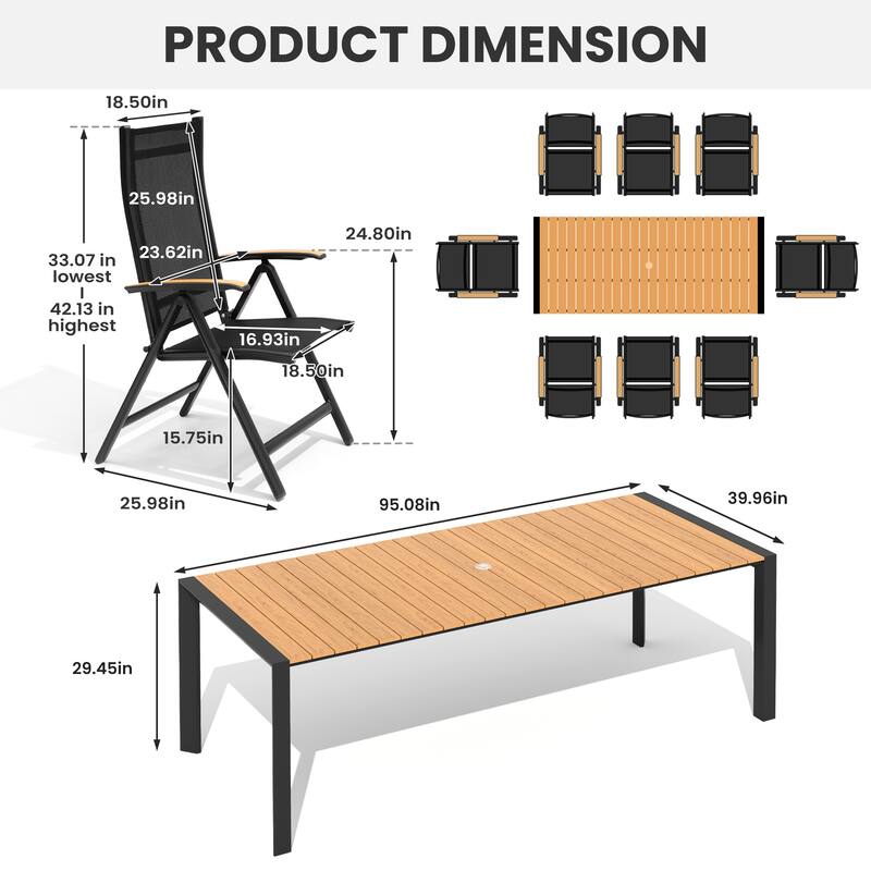7/9/11-Piece Outdoor Patio Dining Set Aluminum Rectangular Dining Table and Adjustable Folding Chairs