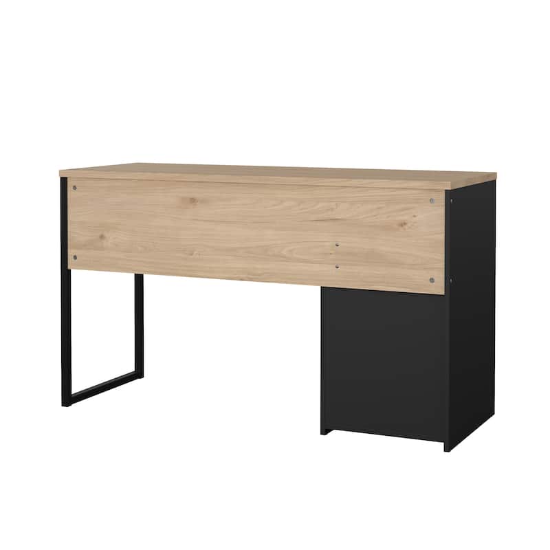 Porch & Den Waylon Home Office Writing Desk with 1 Door and 1 Drawer, Jackson Hickory/Black Matte