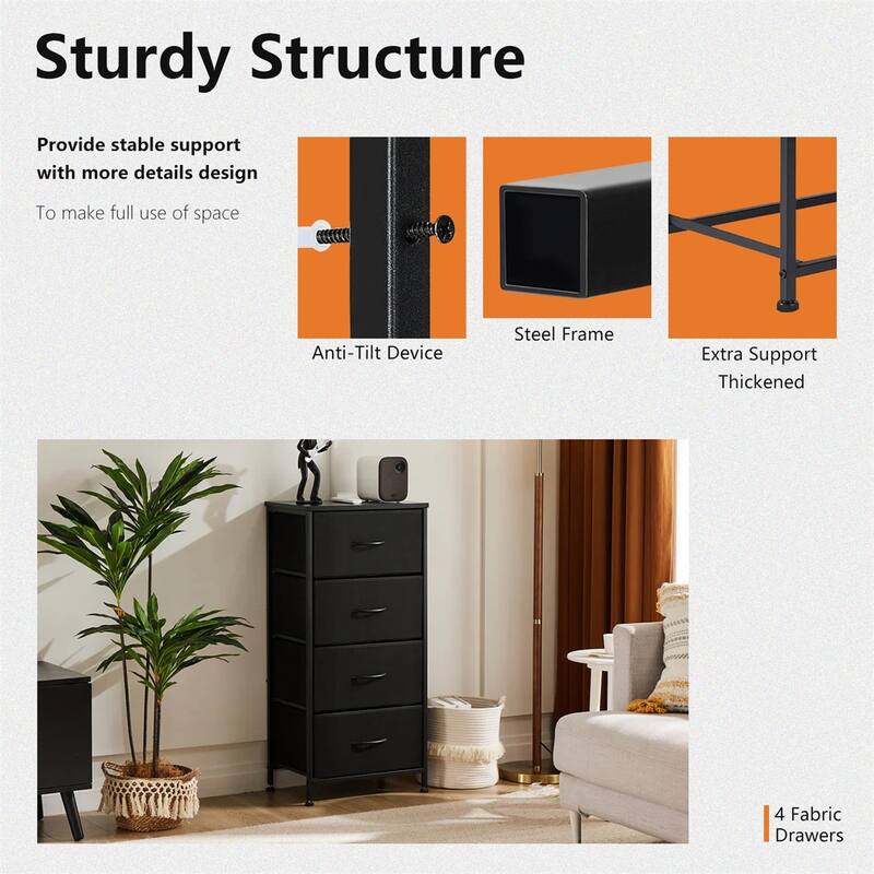 Dresser for Bedroom with 4 Fabric Drawers, Tall Chest Organizer Units for Clothing, Closet, Kidsroom, Storage Tower with Cabinet