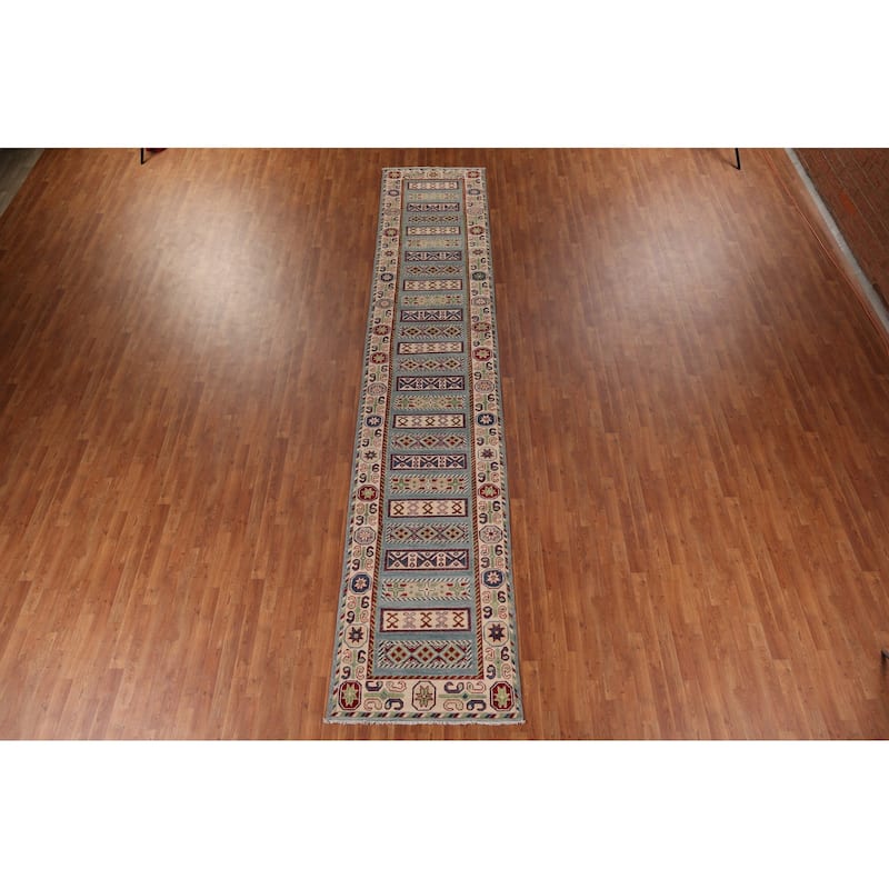 Blue Kazak Oriental Runner Rug Hand-Knotted Geometric Wool Carpet - 3'3" x 16'3"