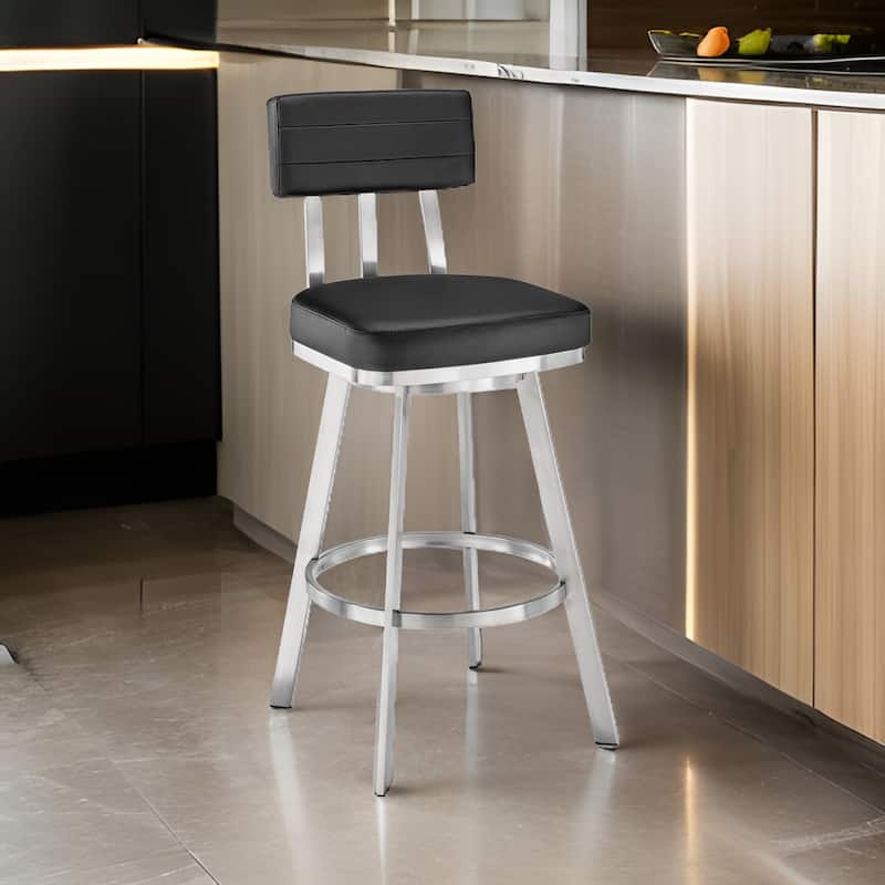 Poni 30 Inch Swivel Barstool Chair, Cushioned Seating, Black Faux Leather