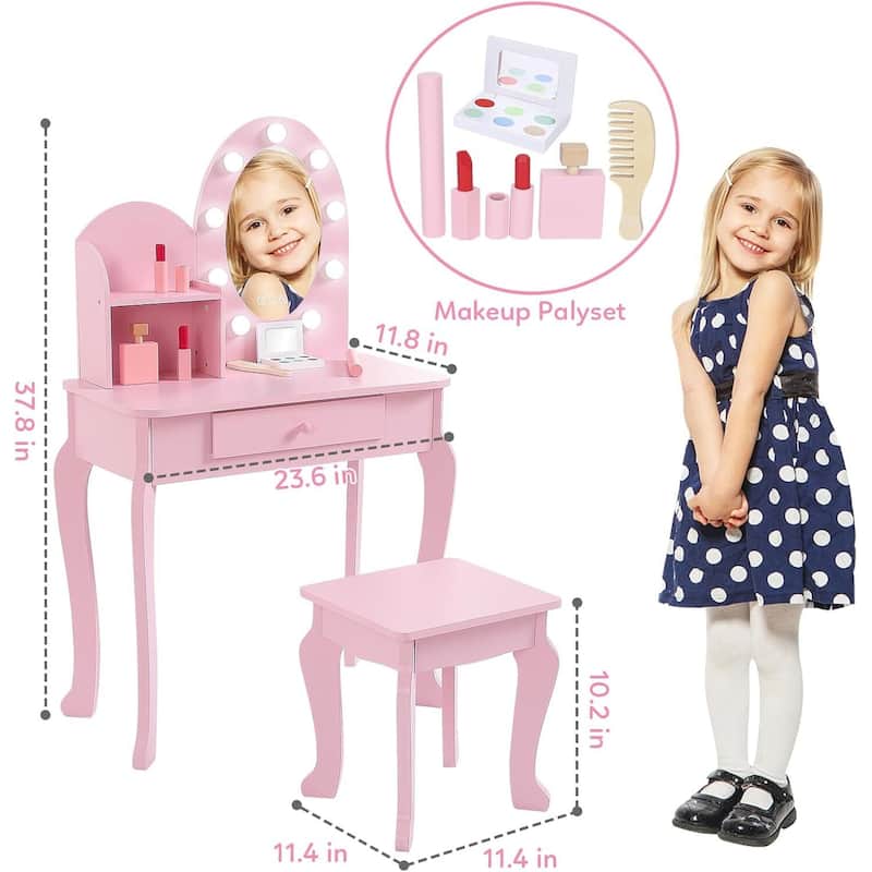 Kids Vanity Dressing Table Toy, Princess Makeup Desk Set with Light